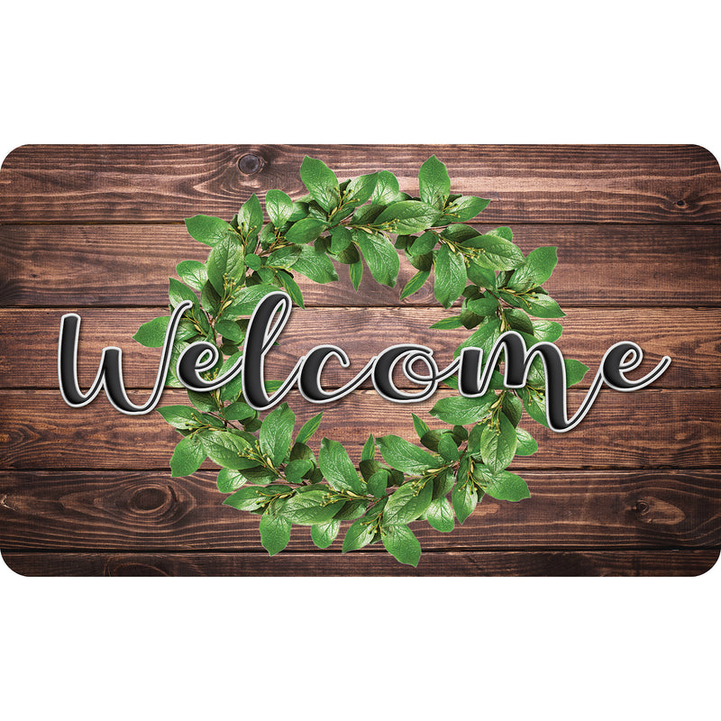 The Original Fun Mat™, Welcome Mat, 18" x 30", Green Wreath on Wood Welcome