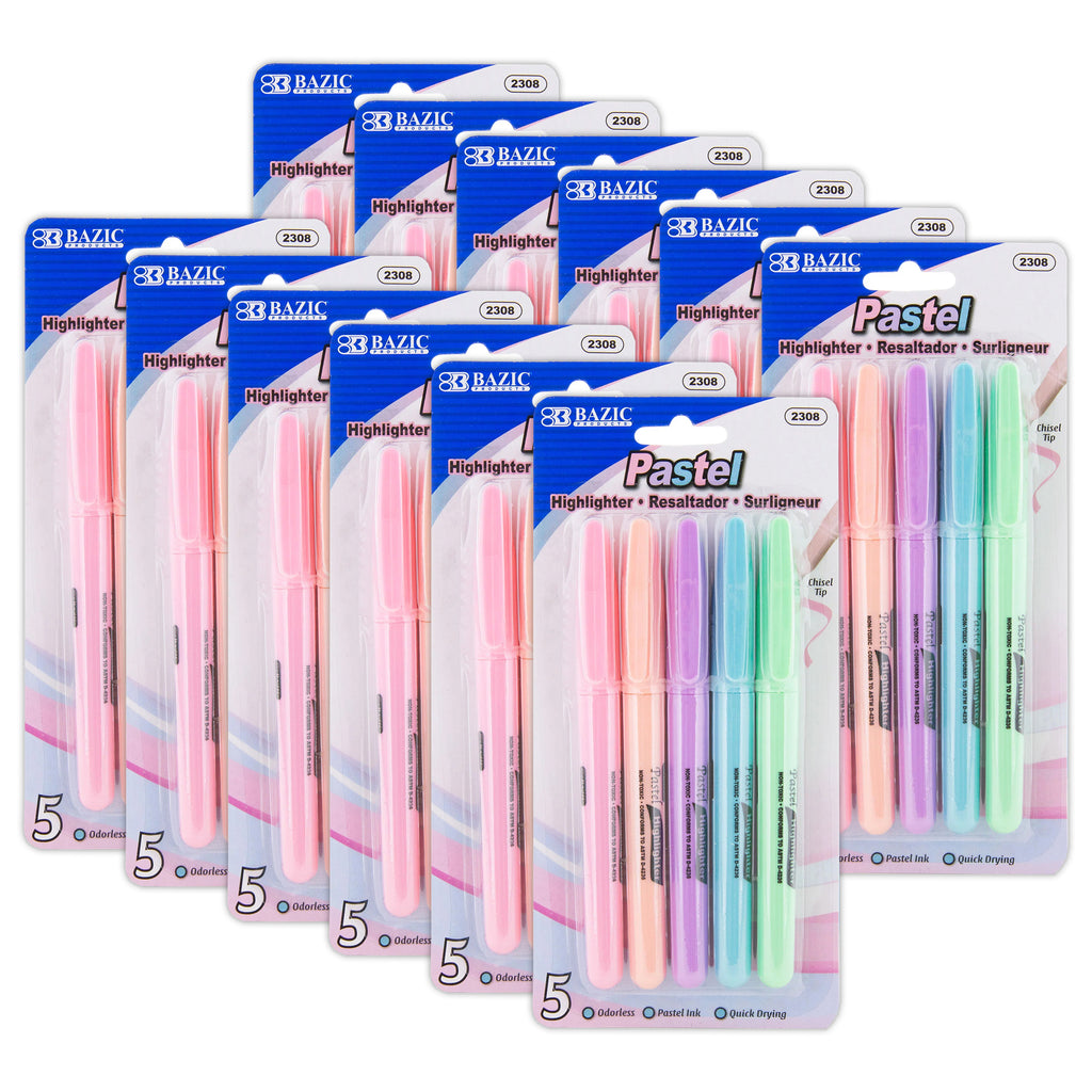 Pen Style Highlighter with Pocket Clip, Pastel, 5 Per Pack, 12 Packs