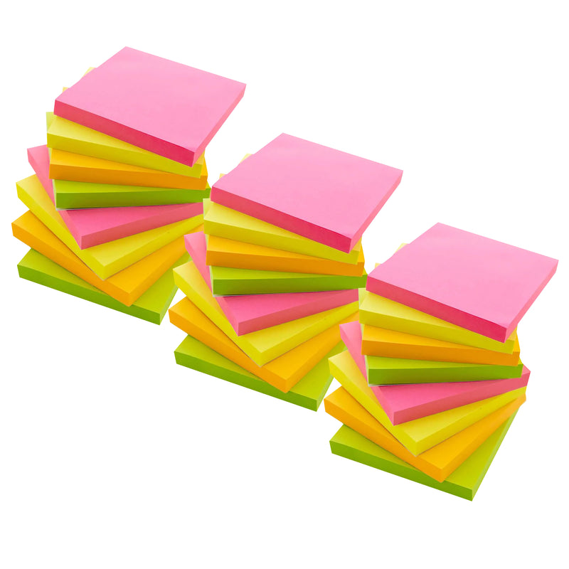 Stick On Notes, 3" x 3", Neon, 90 Sheets, 12 Per Pack, 3 Packs