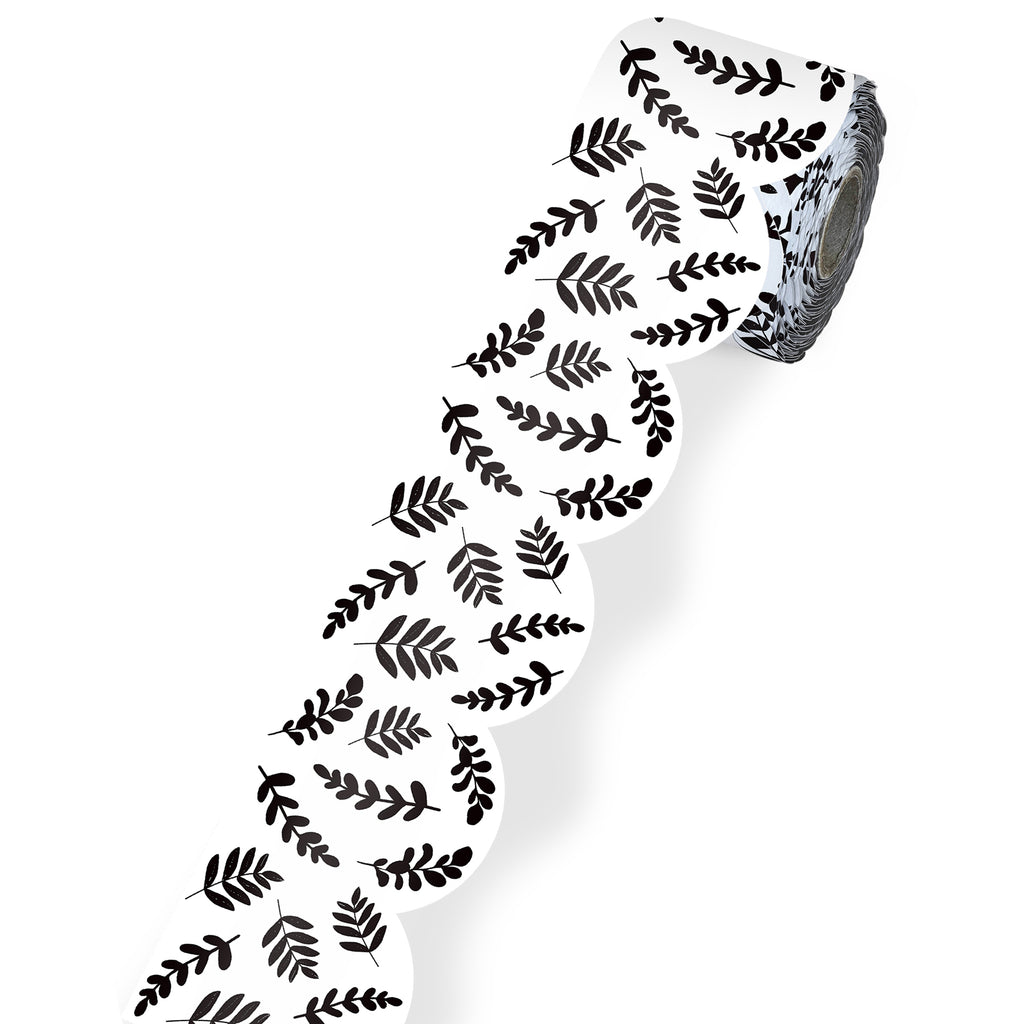 White W/blk Leaves Rolled Borders Scalloped