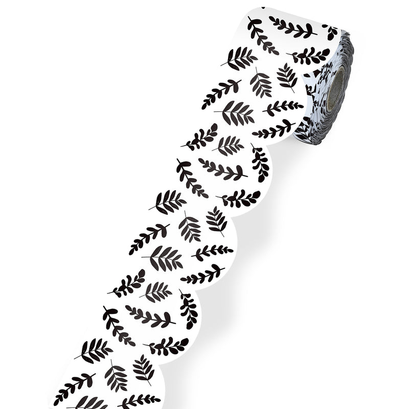 White W/blk Leaves Rolled Borders Scalloped