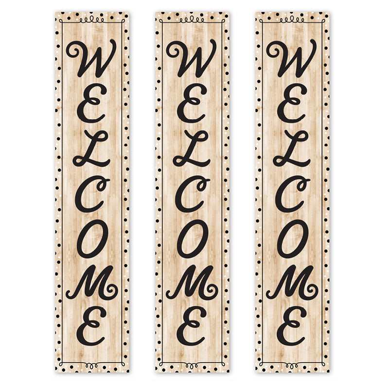 Black, White, and Wood Welcome Banner, 8" x 39", Pack of 3