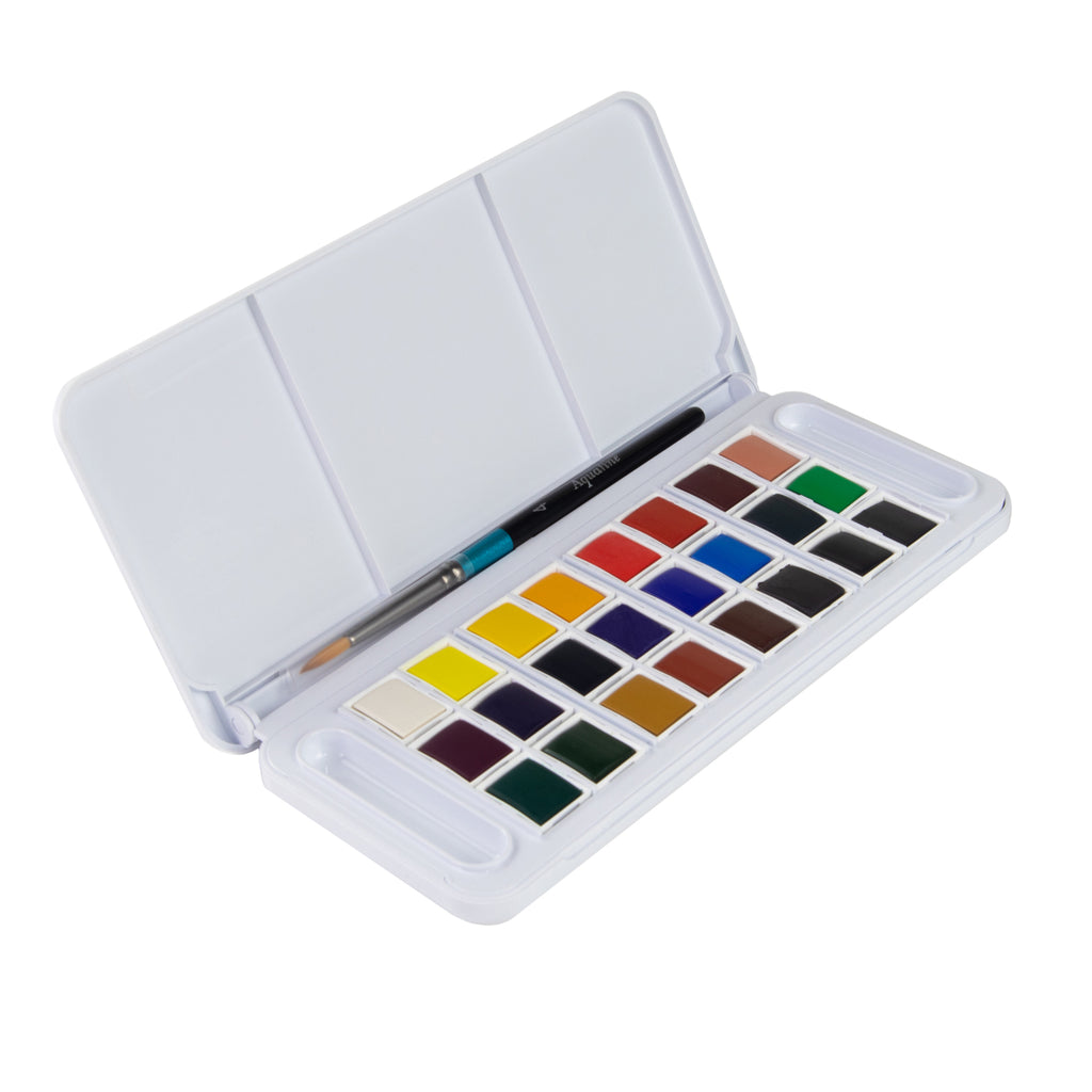 Aquafine Watercolor Paint Half Pan Travel Set, Assorted Colors, 24 Pieces