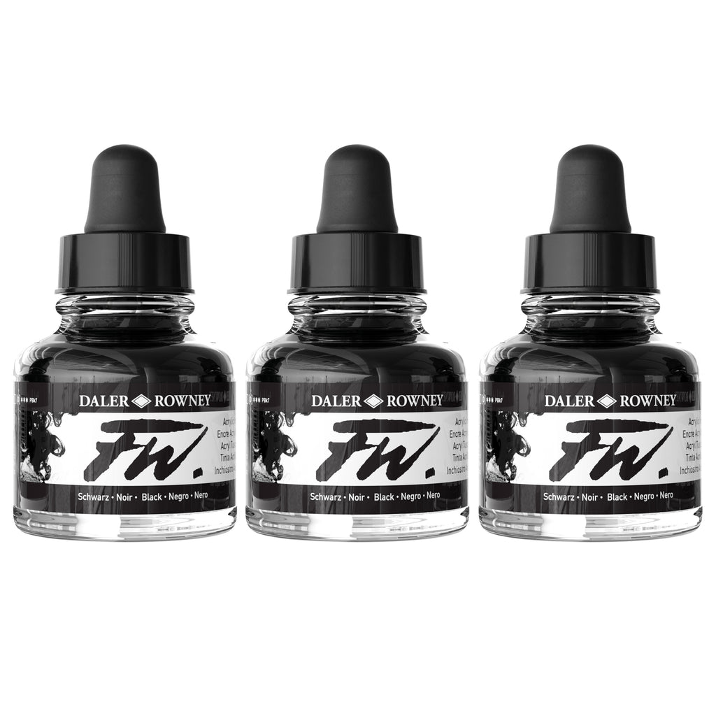 FW Acrylic Ink, Black, 29.5ml, Pack of 3