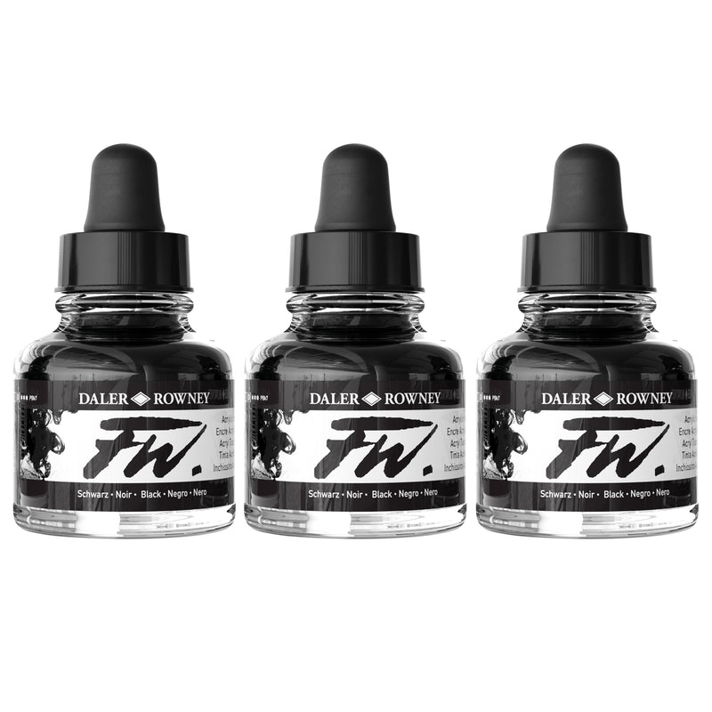 FW Acrylic Ink, Black, 29.5ml, Pack of 3