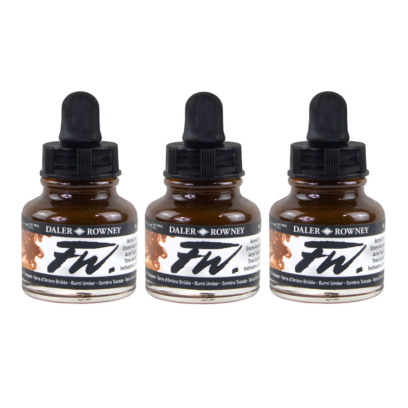 FW Acrylic Ink, Burnt Umber, 29.5ml, Pack of 3
