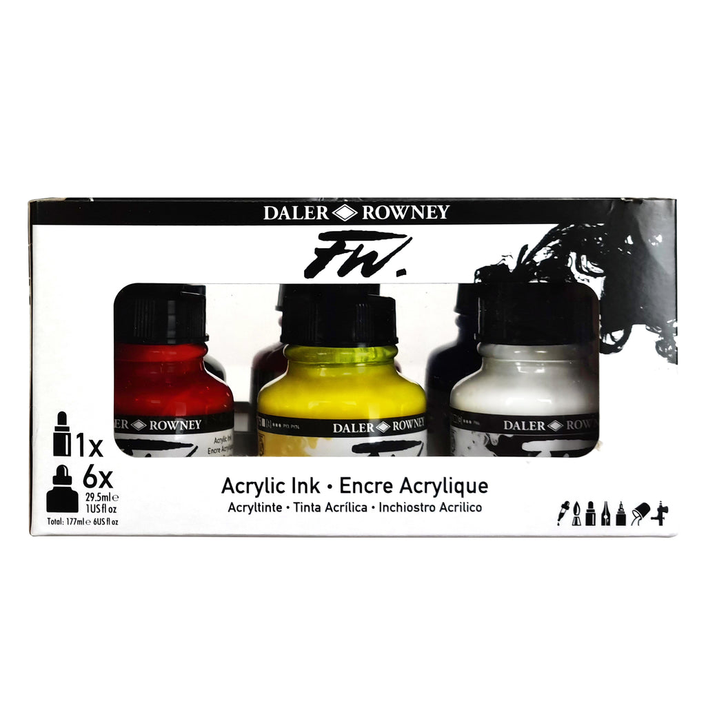 FW Acrylic Ink Primary Set with Empty Marker, Assorted Colors, 29.5ml, 6 Pieces