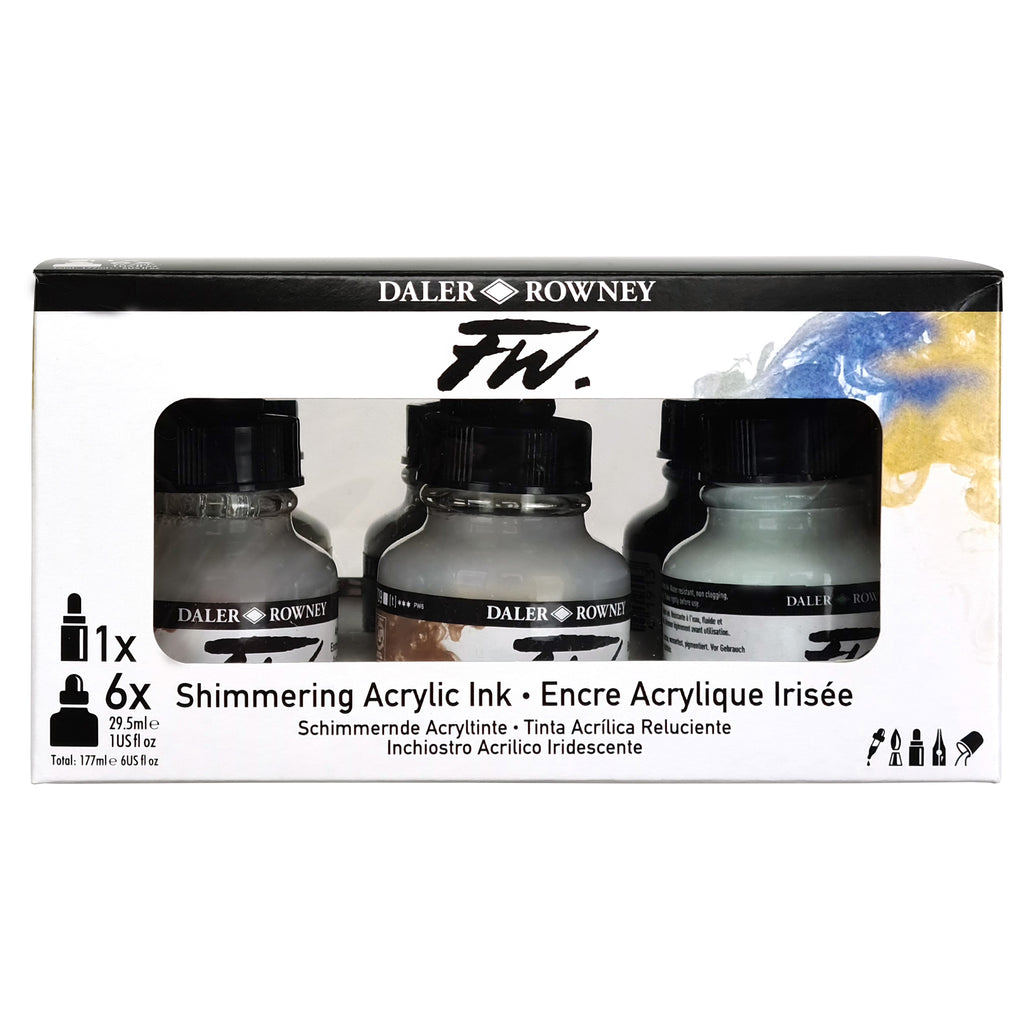 FW Acrylic Ink Shimmering Set with Empty Marker, Assorted Colors, 29.5ml, 6 Pieces