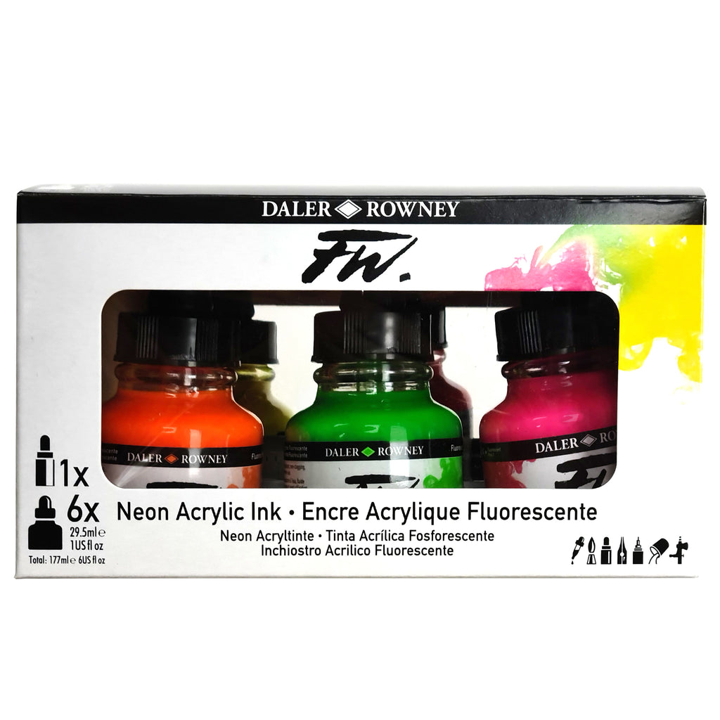FW Acrylic Ink Neon Set with Empty Marker, Assorted Colors, 29.5ml, 6 Pieces