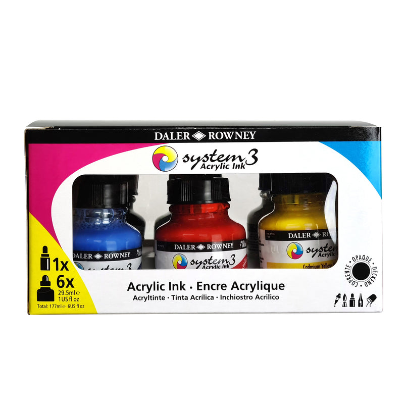System3 Acrylic Ink Introduction Set with Empty Marker, Assorted Colors, 29.5ml, 6 Pieces
