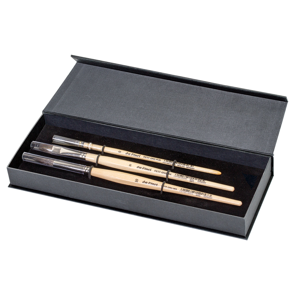 PETIT GRIS PUR & MIX Wash Brushes, Natural Blue Squirrel, Watercolor, Assorted, 3 Brush Set in Gift Box with Magnetic Close