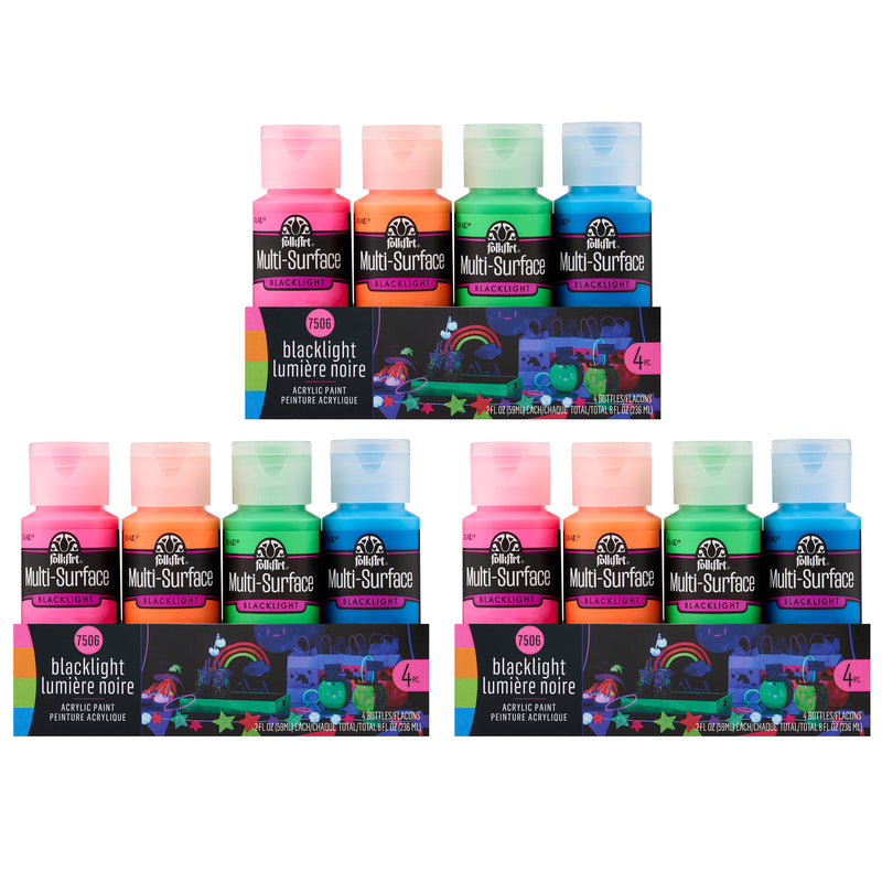 Multi-Surface Acrylic Paint Set, 2oz., Neon Blacklight, 4 Per Set, 3 Sets