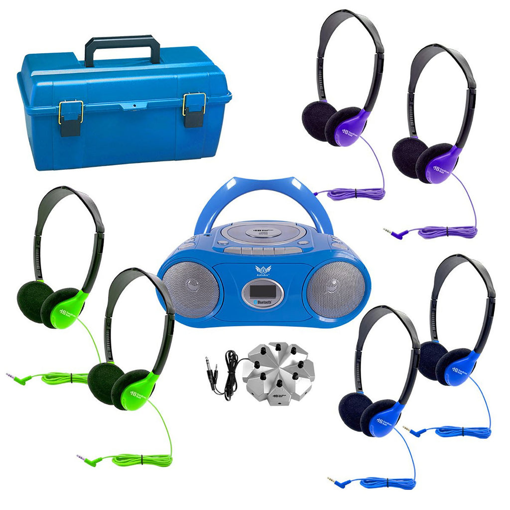 6-Station Listening Center with AudioAce™ Bluetooth® Boombox, 6 Colorful SchoolMate Personal-Sized Headphones, Jackbox & Carry Case