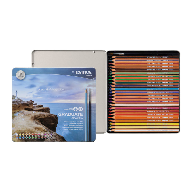 Graduate Watercolor Pencils Set Tin with Brush, Assorted Colors, 24 Pieces