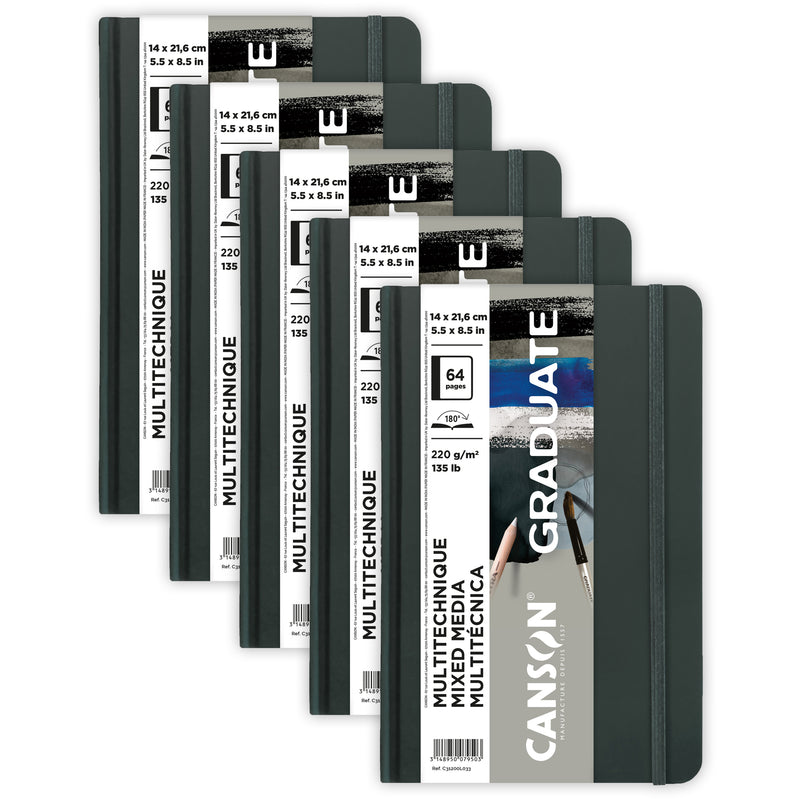 Graduate Mixed Media Art Book, Toned Gray, Hard Cover Binding, 32 Sheet, 5.5x8.5 inch, Pack of 5