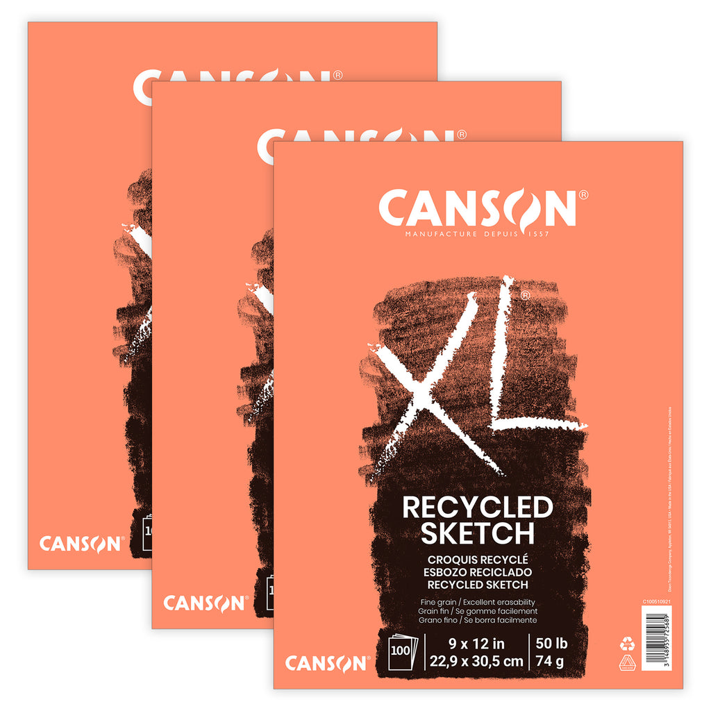 XL Series Sketch Pad, Recycled, Foldover Binding, 100 Sheet, 9x12 inch, Pack of 3