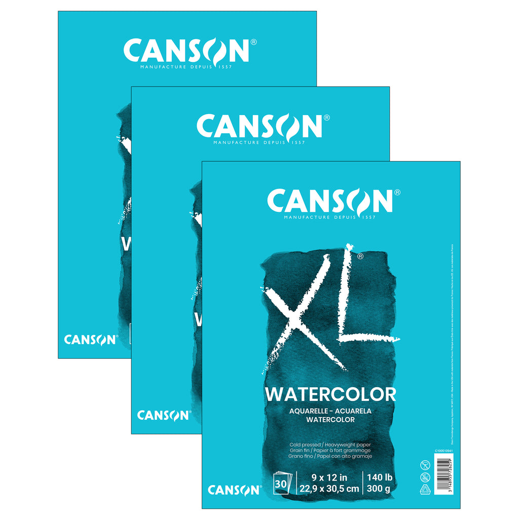 XL Series Watercolor Pad, Heavyweight White Paper, Foldover Binding, 30 Sheets, 9x12 inch, Pack of 3
