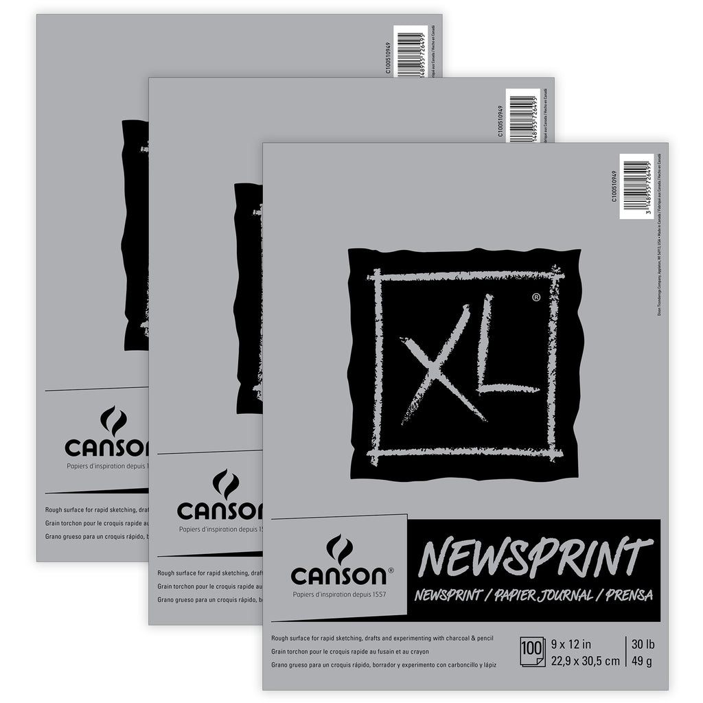 XL Series Newsprint Pad, Tape Binding, 100 Sheet, 9x12 inch, Pack of 3