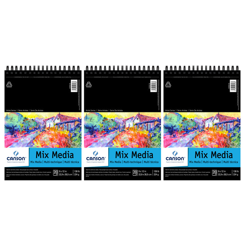 Artist Series Mixed Media Pad, Top Wire Binding, 20 Sheet, 9x12 inch, Pack of 3