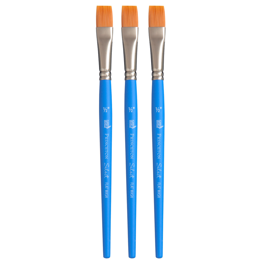 Select Artiste Flat Wash Brush, Synthetic Bristles, Short Handle Mixed Media Paintbrush, Jewel Blue, Size 1/2 inch, Pack of 3