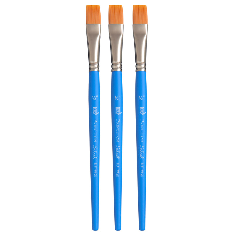 Select Artiste Flat Wash Brush, Synthetic Bristles, Short Handle Mixed Media Paintbrush, Jewel Blue, Size 1/2 inch, Pack of 3