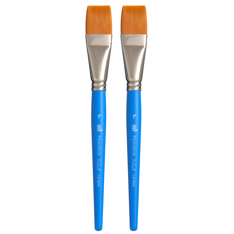 Select Artiste Flat Wash Brush, Synthetic Bristles, Short Handle Mixed Media Paintbrush, Jewel Blue, Size 1 inch, Pack of 2