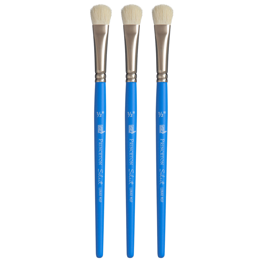 Select Artiste Lunar Mop Brush, Natural Bristles, Short Handle Mixed Media Paintbrush, Jewel Blue, Size 1/2 inch, Pack of 3