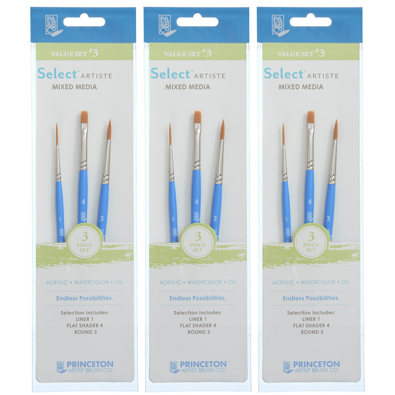 Select Artiste Brush Set No. 3, Synthetic Bristles, Short Handle Mixed Media Paintbrush, Jewel Blue, 3 Per Set, 3 Sets