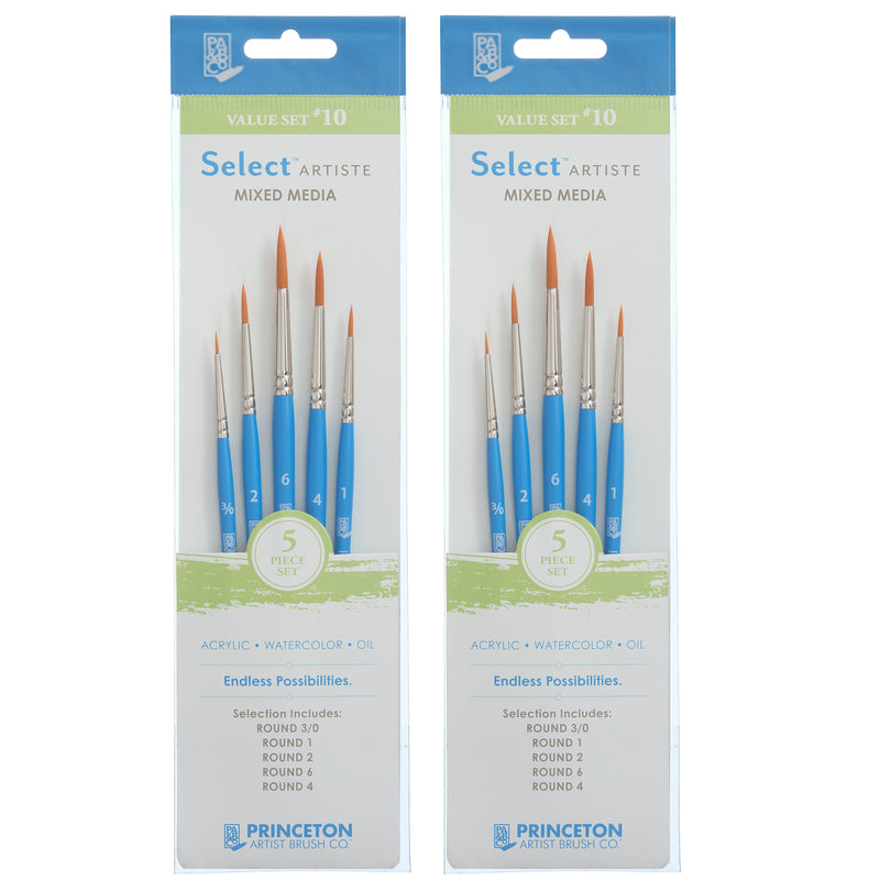 Select Artiste Brush Set No. 10, Synthetic Bristles, Short Handle Mixed Media Paintbrush, Jewel Blue, 5 Per Set, 2 Sets