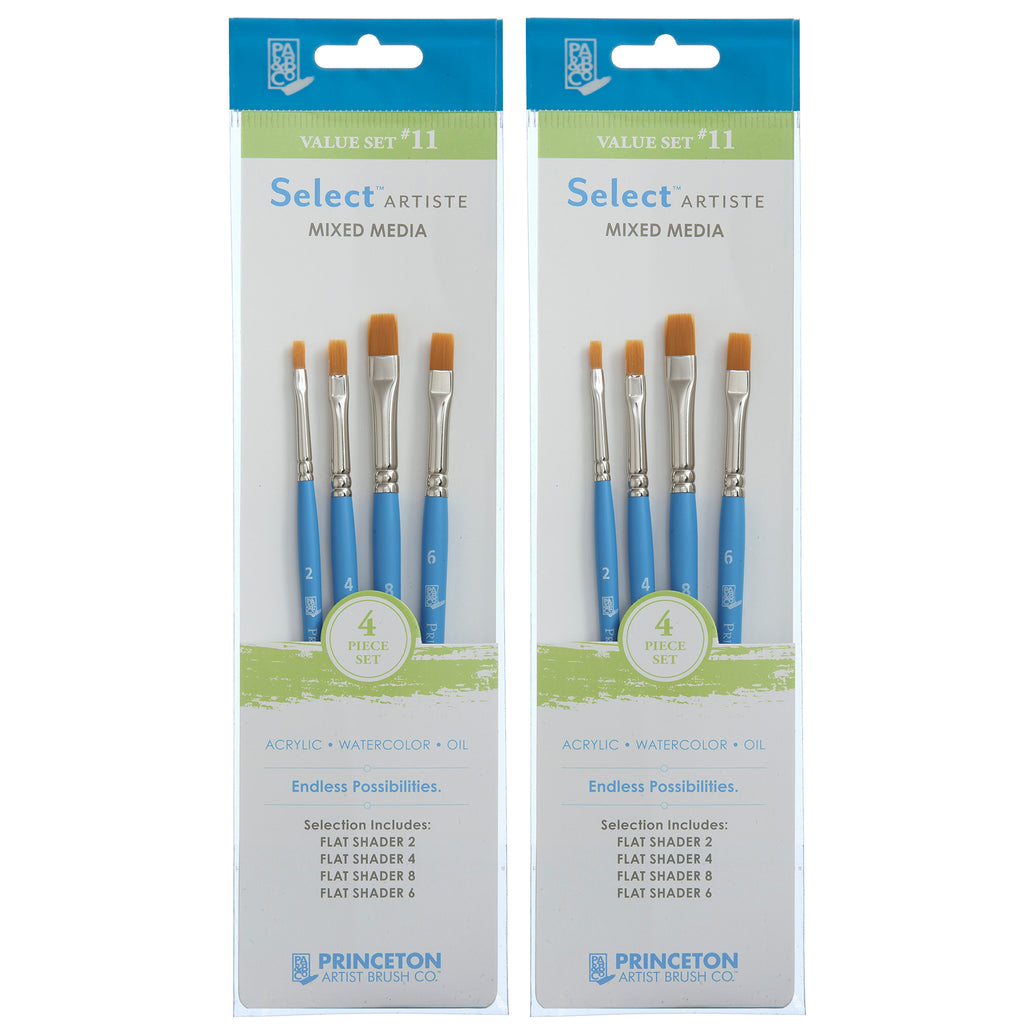 Select Artiste Brush Set No. 11, Synthetic Bristles, Short Handle Mixed Media Paintbrush, Jewel Blue, 4 Per Set, 2 Sets