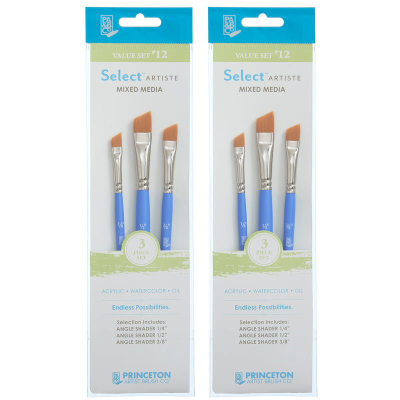 Select Artiste Brush Set No. 12, Synthetic Bristles, Short Handle Mixed Media Paintbrush, Jewel Blue, 3 Per Set, 2 Sets
