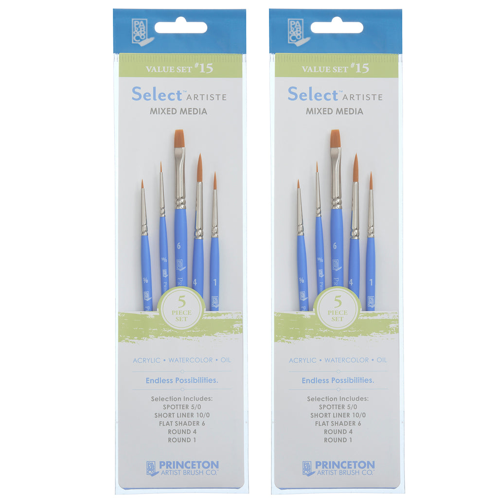 Select Artiste Brush Set No. 15, Synthetic Bristles, Short Handle Mixed Media Paintbrush, Jewel Blue, 5 Per Set, 2 Sets