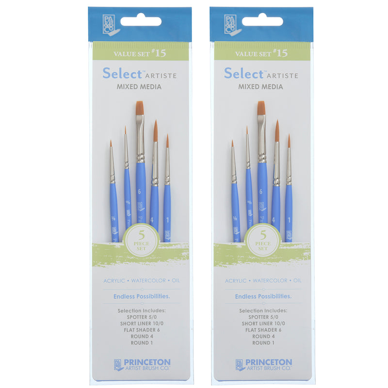 Select Artiste Brush Set No. 15, Synthetic Bristles, Short Handle Mixed Media Paintbrush, Jewel Blue, 5 Per Set, 2 Sets