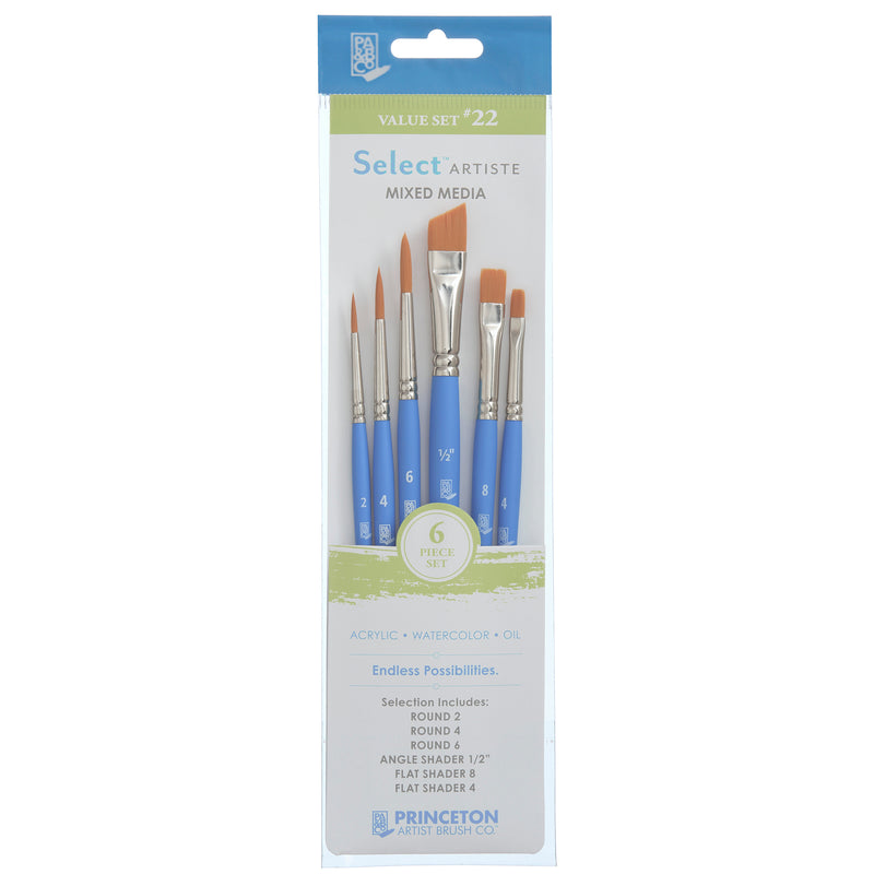 Select Artiste Brush Set No. 22, Synthetic Bristles, Short Handle Mixed Media Paintbrush, Jewel Blue, 6 Pieces