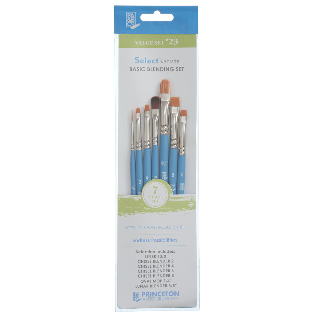 Select Artiste Brush Set No. 23, Synthetic Bristles, Short Handle Mixed Media Paintbrush, Jewel Blue, 7 Pieces
