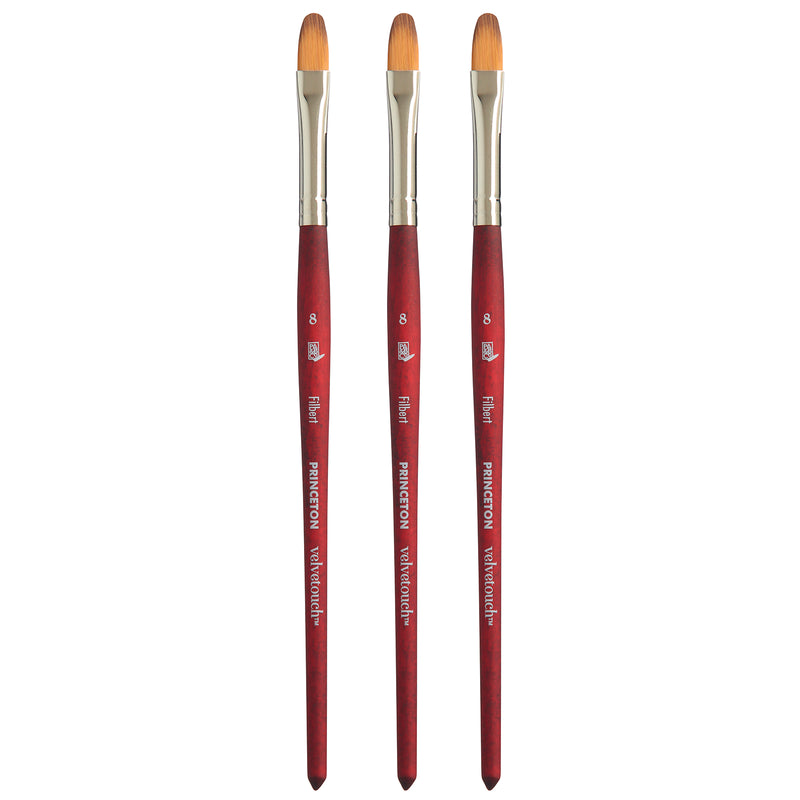 Velvetouch Filbert Brush, Synthetic Bristles, Short Handle Mixed Media Paintbrush, Scarlet, Size 8, Pack of 3