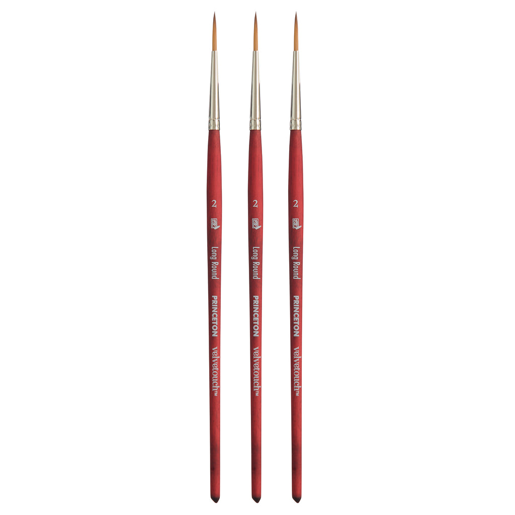 Velvetouch Long Round Brush, Synthetic Bristles, Short Handle Mixed Media Paintbrush, Scarlet, Size 2, Pack of 3