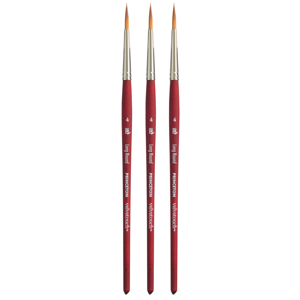 Velvetouch Long Round Brush, Synthetic Bristles, Short Handle Mixed Media Paintbrush, Scarlet, Size 4, Pack of 3