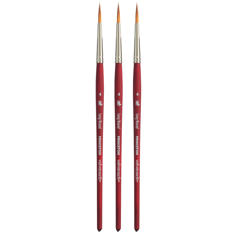 Velvetouch Long Round Brush, Synthetic Bristles, Short Handle Mixed Media Paintbrush, Scarlet, Size 4, Pack of 3