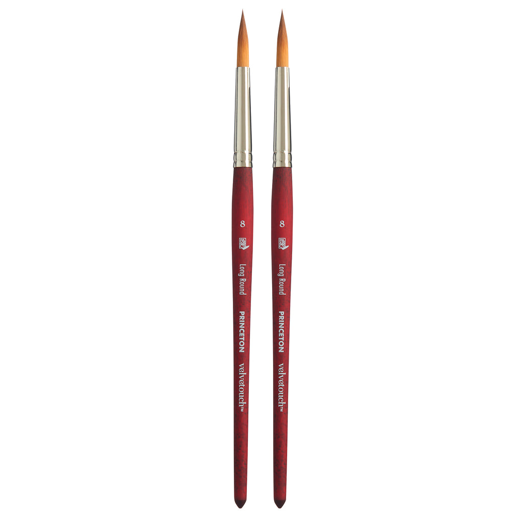 Velvetouch Long Round Brush, Synthetic Bristles, Short Handle Mixed Media Paintbrush, Scarlet, Size 8, Pack of 2