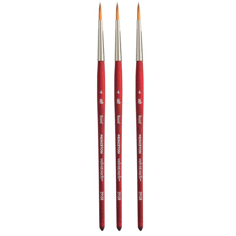 Velvetouch Round Brush, Synthetic Bristles, Short Handle Mixed Media Paintbrush, Scarlet, Size 4, Pack of 3