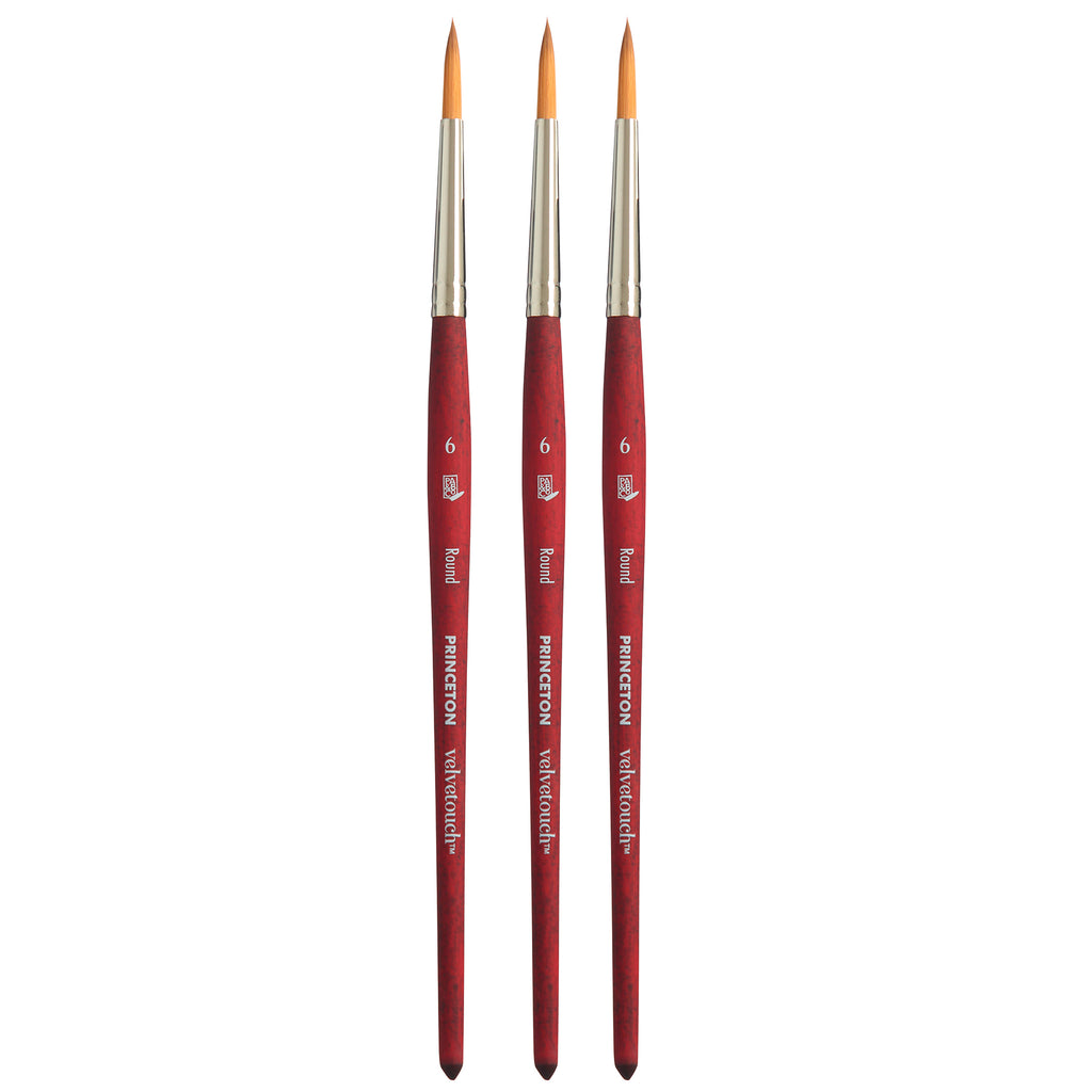 Velvetouch Round Brush, Synthetic Bristles, Short Handle Mixed Media Paintbrush, Scarlet, Size 6, Pack of 3