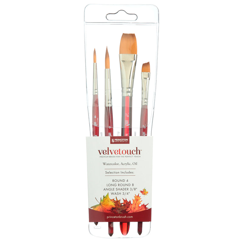 Velvetouch Mixed Media Brush Set, Synthetic Bristles, Short Handle Mixed Media Paintbrush, Scarlet, 4 Pieces