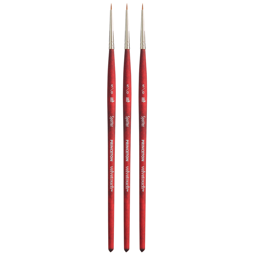 Velvetouch Spotter Brush, Synthetic Bristles, Short Handle Mixed Media Paintbrush, Scarlet, Size 5/0, Pack of 3