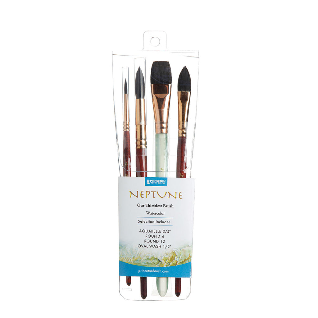 Neptune Watercolor Brush Set, Synthetic Bristles, Short Handle Watercolor Paintbrush, Dark Wood, 4 Pieces