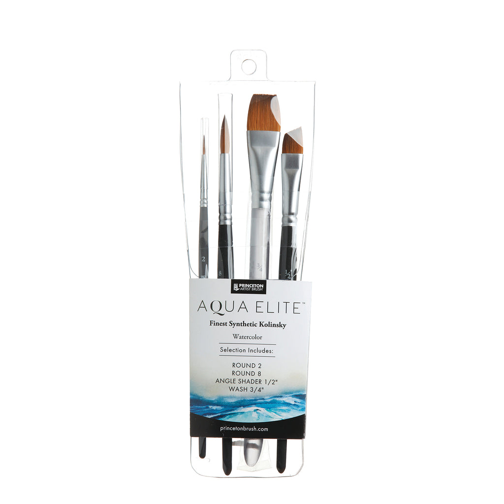 Aqua Elite Brush Set, Synthetic Bristles, Short Handle Watercolor Paintbrush, Matte Black, 4 Pieces