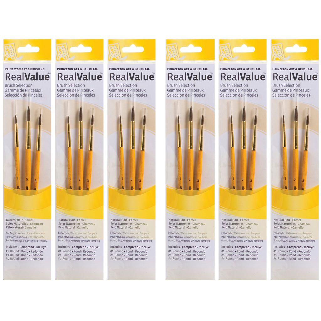 RealValue Round Brush Set, Camel Bristles, Short Handle Mixed Media Paintbrush, Yellow, 3 Per Set, 6 Sets