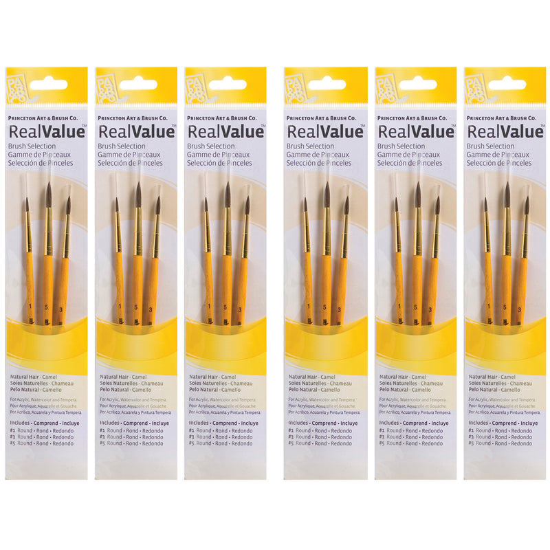 RealValue Round Brush Set, Camel Bristles, Short Handle Mixed Media Paintbrush, Yellow, 3 Per Set, 6 Sets