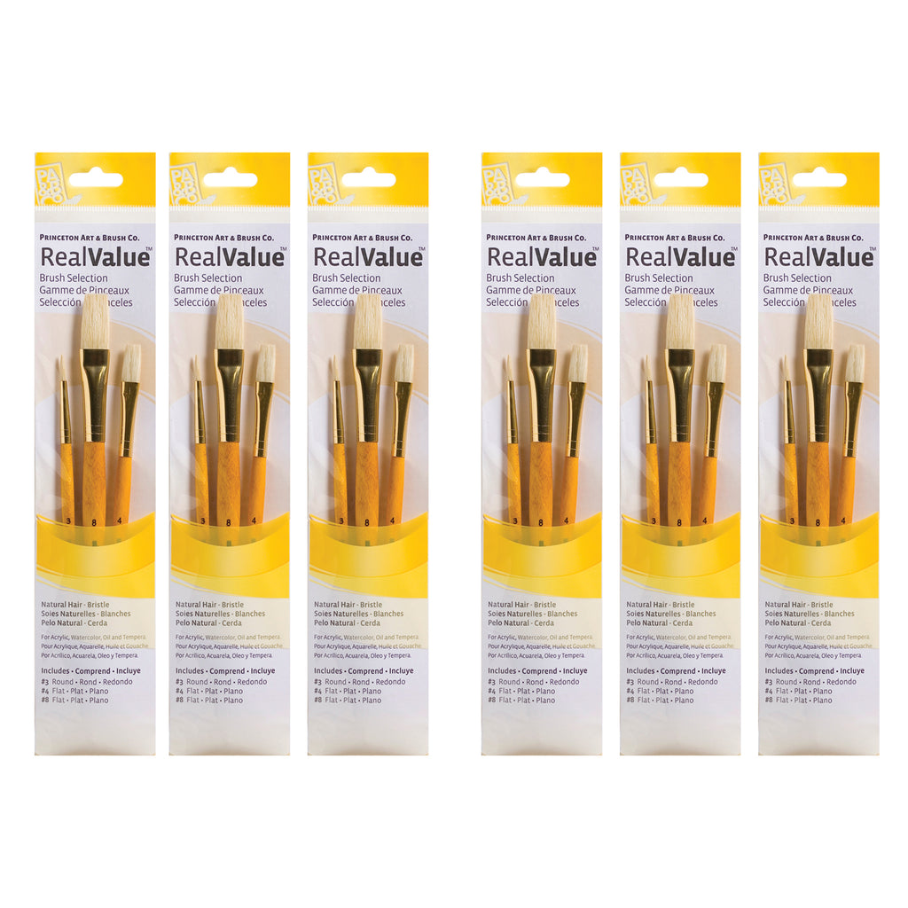 RealValue Brush Set, Natural Bristles, Short Handle Mixed Media Paintbrush, Yellow, 3 Per Set, 6 Sets