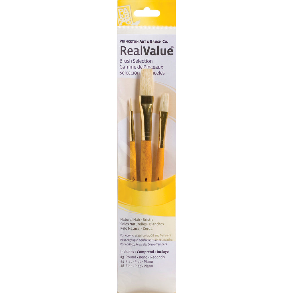 Realvalue Brush Set 3ct Ylw W/flat Natural Hair Bristle